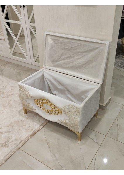 Tek Parça Krem Renk Aynalı ve Özel Güpürlü Modern Gelin Çeyiz Sandığı