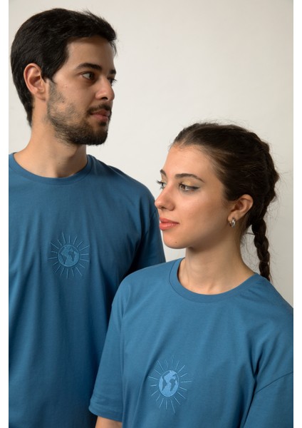 Relaxed Fit Nakışlı Pamuk Mavi Tişört