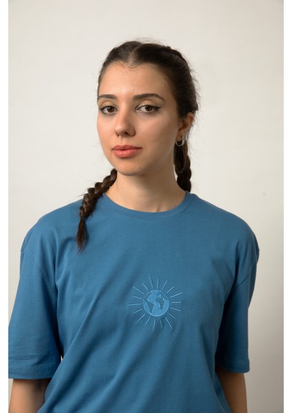 Relaxed Fit Nakışlı Pamuk Mavi Tişört