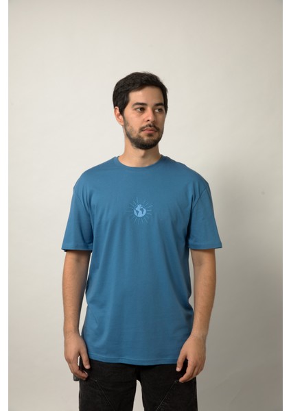Relaxed Fit Nakışlı Pamuk Mavi Tişört