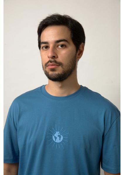Relaxed Fit Nakışlı Pamuk Mavi Tişört