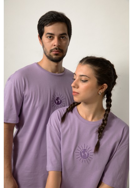 Relaxed Fit Nakışlı Pamuk Lila Tişört