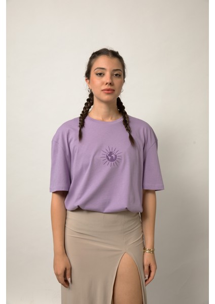 Relaxed Fit Nakışlı Pamuk Lila Tişört