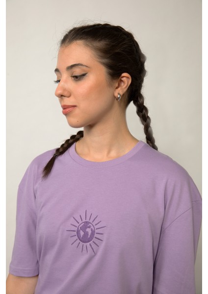 Relaxed Fit Nakışlı Pamuk Lila Tişört
