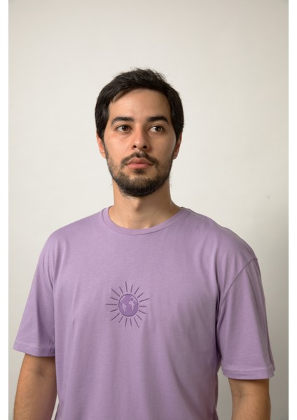 Relaxed Fit Nakışlı Pamuk Lila Tişört