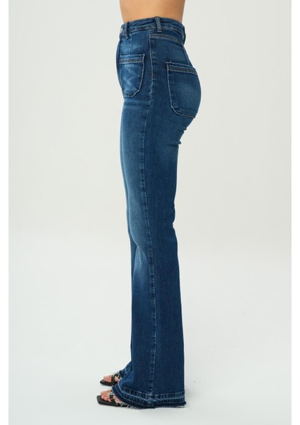Ariana Koyu Mavi Yüksek Bel Paçası Kesikli Flare Jean Pantolon C 4528-030 modelleri