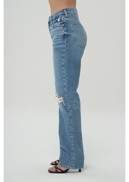 Orta Mavi Yüksek Bel Patı Düğmeli Dizi Yıpratmalı Straight Jean Pantolon C 4806-006 modelleri