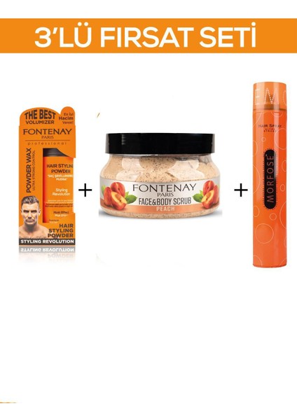 Pudra Toz Wax Turuncu 20 gr + Face And Body Scrub Şeftali 350 ml + Saç Spreyi 400 ml 3'lü Set