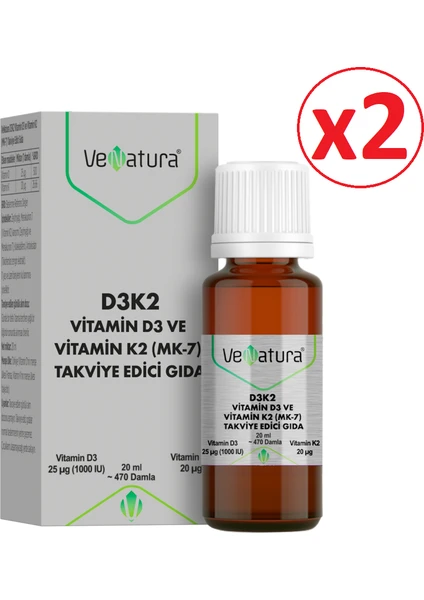 VeNatura D3K2 Vitamin D3 Ve Vitamin K2 Damla Takviye Edici Gıda 20 ml (2 Adet)