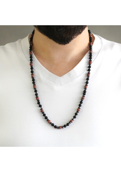 Makrome Örgülü Oniks-Kırmızı Jasper Kombinli Doğaltaş Erkek Kolye modelleri