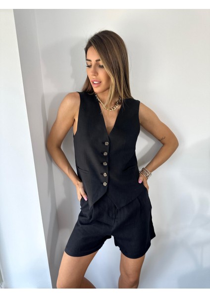 Kadın Keten Özel Tasarım Yelek Şort Alt Üst Siyah Takım