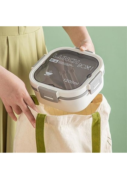 1200 Ml Sızdırmaz, 4 Bölmeli Bento Tarzı Öğle Yemeği Kutusu Ankastre Gereç Seti, Beyaz (Yurt Dışından)