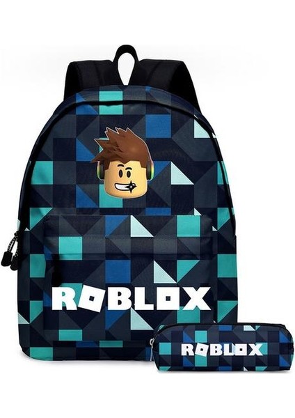 Karikatür Roblox Kalem Kutulu Ilkokul Çantası - Siyah/Mavi (Yurt Dışından)