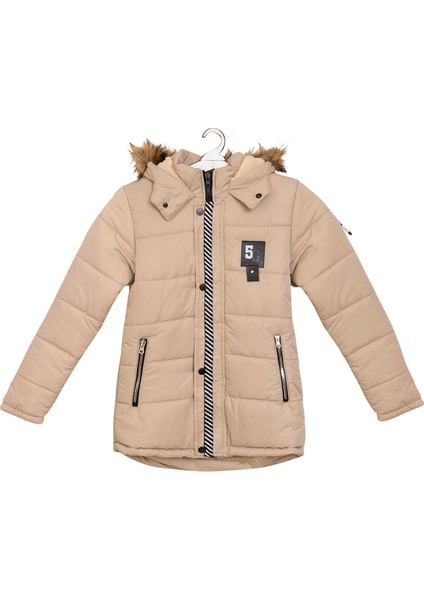 5 Armalı Kürklü Kapüşonlu Cepli Fermuarlı Erkek Çocuk Bej Şişme Mont