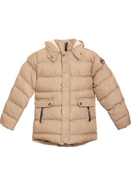 Kürklü Kapüşonlu Ekstra Dolgulu Cepli Fermuarlı Erkek Çocuk Bej Mont