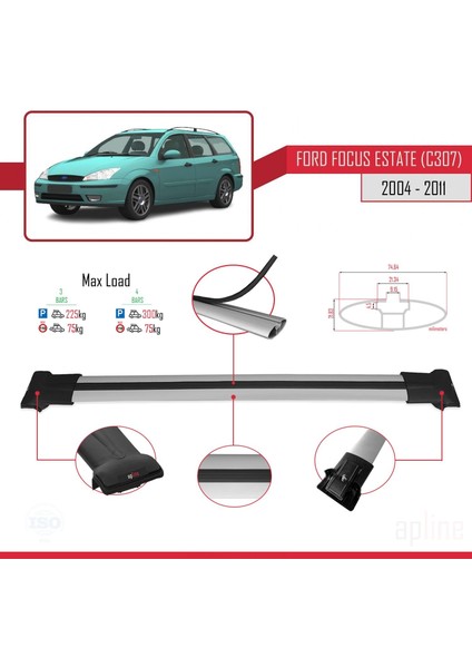 Ford Focus Estate (C307) 2004-2011 Arası ile Uyumlu Fly Model Ara Atkı Tavan Barı Gri 3 Adet Bar modelleri