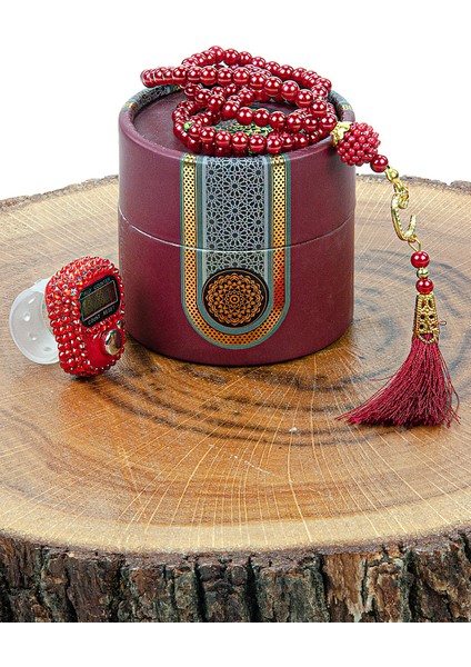 Silindir Kutulu Inci Tesbihli Taşlı Zikirmatikli Mevlüt Hediyelik Seti Bordo