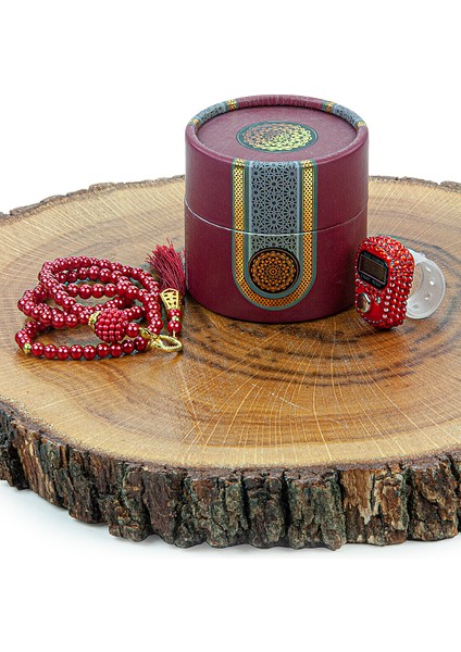 Silindir Kutulu Inci Tesbihli Taşlı Zikirmatikli Mevlüt Hediyelik Seti Bordo fiyatları