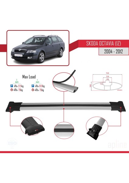 Skoda Octavia (1z) 2004-2012 Arası ile Uyumlu Fly Model Ara Atkı Tavan Barı Gri 3 Adet Bar