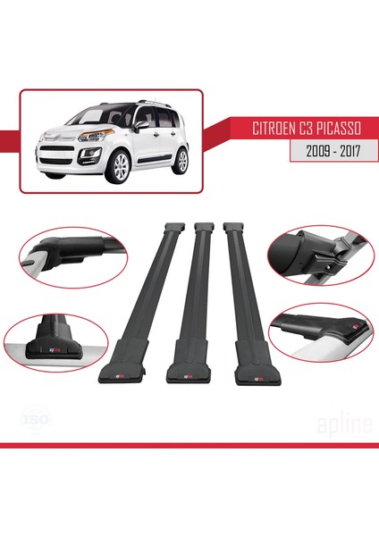 Citroen C3 Picasso 2009-2017 Arası ile Uyumlu Fly Model Ara Atkı Tavan Barı Siyah 3 Adet Bar fırsatları
