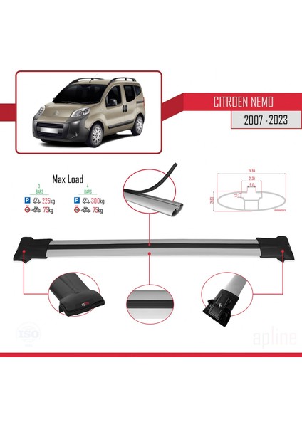 Citroen Nemo 2007 ve Sonrası ile Uyumlu Fly Model Ara Atkı Tavan Barı Gri 4 Adet Bar modelleri