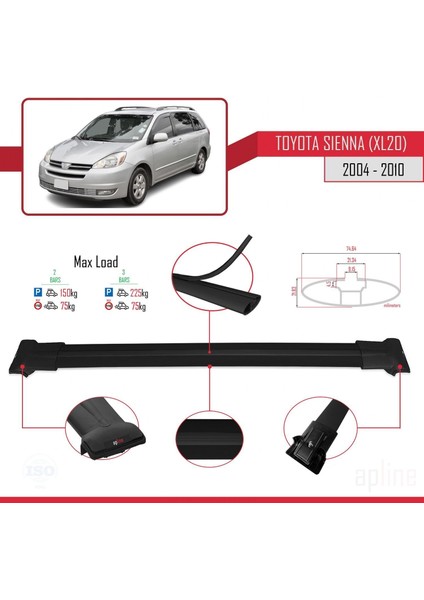 Toyota Sienna (XL20) 2004-2010 Arası ile Uyumlu Fly Model Ara Atkı Tavan Barı Siyah