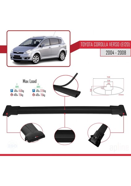 Toyota Corolla Verso (E120) 2004-2008 Arası ile Uyumlu Fly Model Ara Atkı Tavan Barı Siyah modelleri