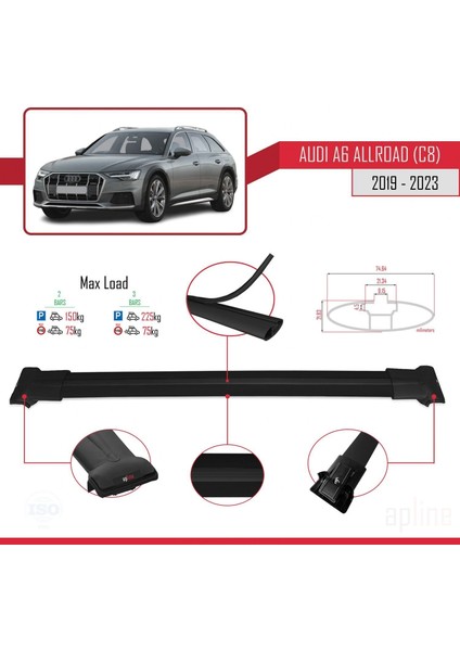 Audi A6 Allroad (C8) 2019 ve Sonrası ile Uyumlu Fly Model Ara Atkı Tavan Barı Siyah