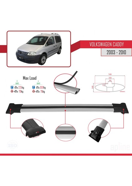 Volkswagen Caddy 2003-2010 Arası ile Uyumlu Fly Model Ara Atkı Tavan Barı Gri 4 Adet Bar modelleri