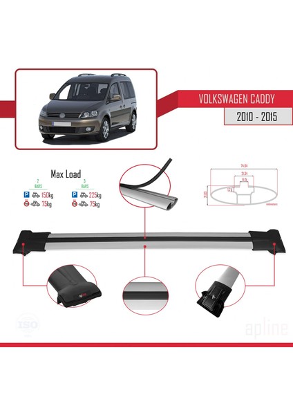 Volkswagen Caddy 2010-2015 Arası ile Uyumlu Fly Model Ara Atkı Tavan Barı Gri modelleri