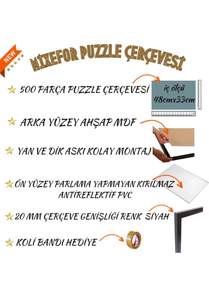Puzzle Çerçevesi 260 Parça ve 500 Parça 48CM x 33 cm Renk Siyah Ön Yüzey Kırılmaz Antireflektif modelleri