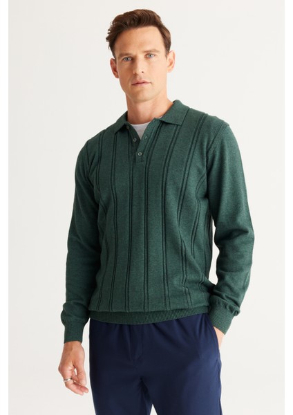 Erkek Yeşil Slim Fit Dar Kesim Polo Yaka Pamuklu Desenli Triko Kazak