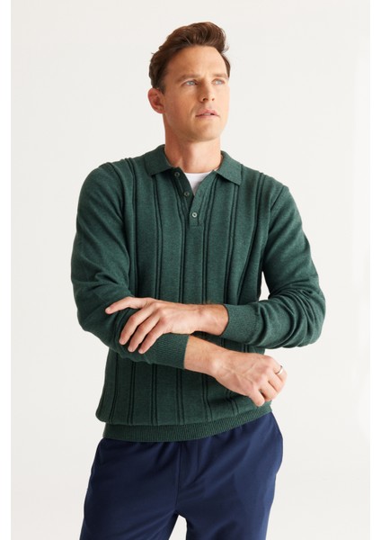Erkek Yeşil Slim Fit Dar Kesim Polo Yaka Pamuklu Desenli Triko Kazak fiyatları