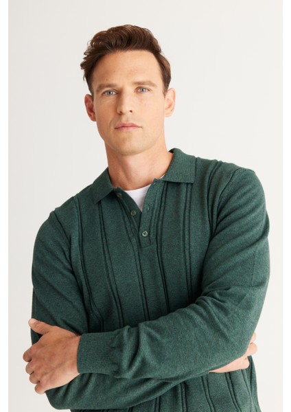 Erkek Yeşil Slim Fit Dar Kesim Polo Yaka Pamuklu Desenli Triko Kazak modelleri