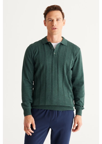 Erkek Yeşil Slim Fit Dar Kesim Polo Yaka Pamuklu Desenli Triko Kazak fırsatları