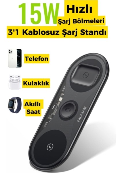 3in1 Wireless Şarj Standı - Apple iPhone Uyumlu – Watch Uyumlu – Airpods Kulaklık modelleri