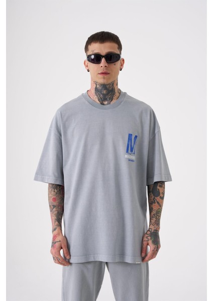 Oversize ONENINE87 Baskılı Yıkamalı T-Shirt Ghst-Blue