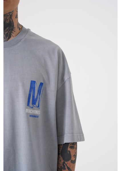 Oversize ONENINE87 Baskılı Yıkamalı T-Shirt Ghst-Blue