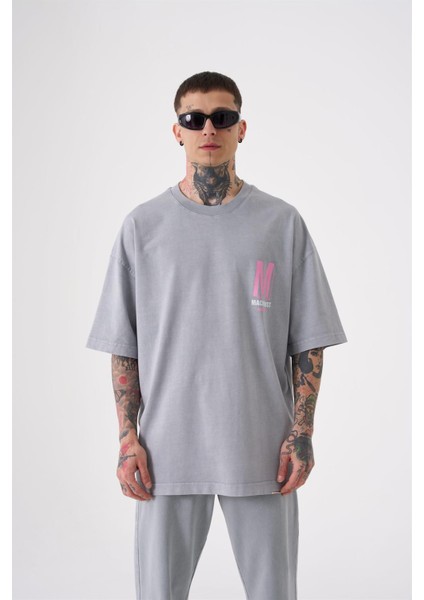 Oversize ONENINE87 Baskılı Yıkamalı T-Shirt Ghst-Pink