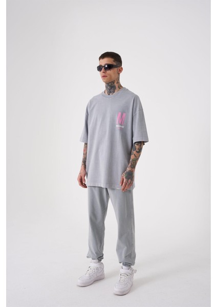 Oversize ONENINE87 Baskılı Yıkamalı T-Shirt Ghst-Pink