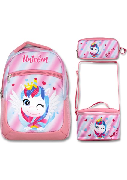 Famebag-Ümit Çanta Pembe Sevimli Unicorn Okul Çantası Beslenme ve Kalem Çantası Seti