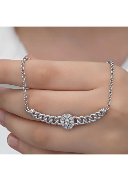 Gümüş Gurmet Zincirli Oval Baget Taşlı Kadın Kolye