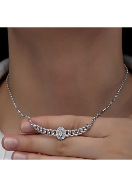 Gümüş Gurmet Zincirli Oval Baget Taşlı Kadın Kolye fiyatları