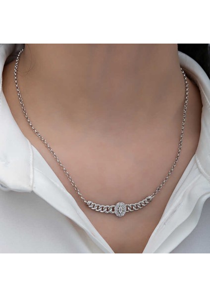 Gümüş Gurmet Zincirli Oval Baget Taşlı Kadın Kolye fırsatları