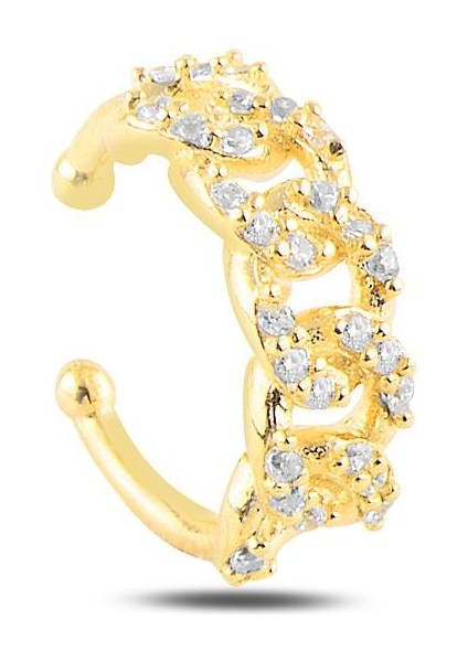 Gümüş Altın Yaldızlı Zirkon Taşlı Zincir Modeli Kıkırdak Küpe SGTL12249GOLD