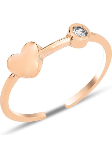 Gümüş Rose Kalp ve Zirkon Tek Taşlı Alttan Ayarlanabilir Yüzük SGTL12244ROSE