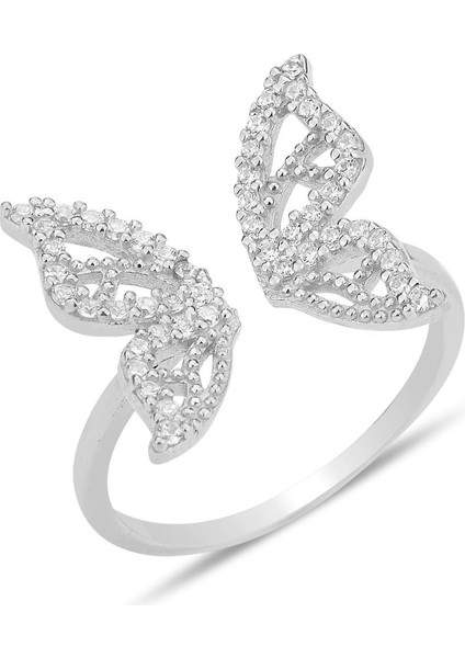 Gümüş Rodyumlu Zirkon Taşlı Üstten Ayarlanabilir Kelebek Yüzük SGTL12241RODAJ