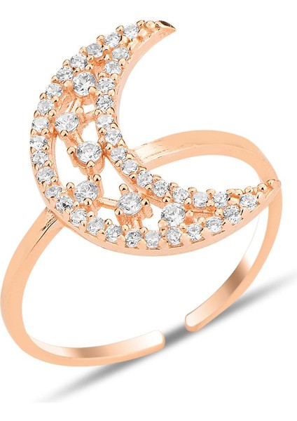 Gümüş Rose Zirkon Taşlı Alttan Ayarlanabilir Hilal Yüzük SGTL12242ROSE
