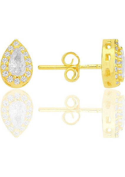 Gümüş Altın Yaldızlı Zirkon Taşlı Damla Modeli Küpe SGTL12258GOLD