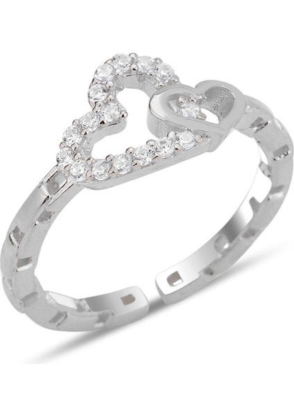 Gümüş Rodyumlu Zirkon Taşlı Alttan Ayarlanabilir Birbirine Bağlı Kalpler Yüzük SGTL12236RODAJ